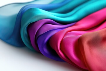 Aufkleber - Close-up of vibrant, multicolored silk fabric in teal, purple, pink, and red shades, exhibiting luxurious texture and drape.