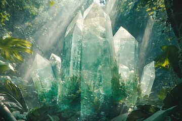 Aufkleber - Luminous green crystals emerge from a lush, mystical jungle, bathed in sunlight.