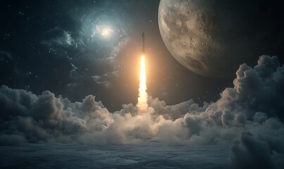 Poster - A rocket launches into space, illuminating the clouds below, with a distant planet and stars in the backdrop, showcasing the beauty of cosmic exploration.