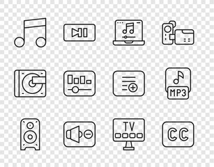 Sticker - Set line Stereo speaker, Subtitles, Laptop with music, Speaker mute, Music note, tone, equalizer, Smart Tv and MP3 file icon. Vector