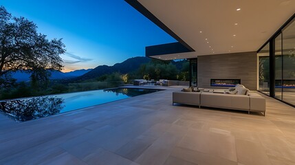 Poster - A modern outdoor space with a pool, sleek furniture, and stunning mountain views during twilight.