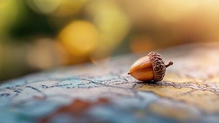 Wall Mural - single acorn on blurred natural background, sunlight