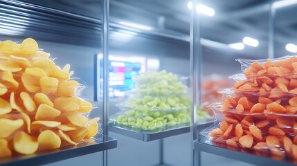 Poster - The image features vibrant displays of colorful snacks, including chips and dried fruits, arranged neatly in a modern retail setting.