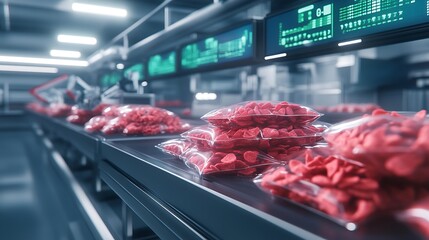 Leinwandbilder - A conveyor belt with neatly packed red items in transparent bags, set in a modern, high-tech processing facility.