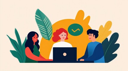 Poster - Diverse Team Collaborating on Laptop with Charts and Leaves in a Modern Workspace