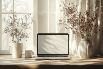 Poster - Laptop and flowers setup: Warm inviting home office with natural light Perfect for remote work in a serene setting