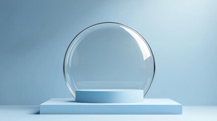 Aufkleber - A sleek metallic podium supports a transparent dome, casting reflections against the soft blue backdrop. The minimalist design enhances its futuristic aesthetic, inviting curiosity