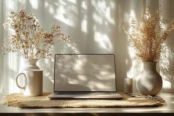 Poster - Workspace with laptop and dried floral arrangements Minimalist home office setup with natural light creates calming ambiance