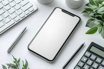 Poster - White desk setup with a modern smartphone keyboard pens calculator and a plant ideal for showcasing app or website designs