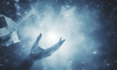 Poster - A hand reaches out towards a luminous, cosmic background filled with stars and a misty aura, suggesting a connection to the universe.