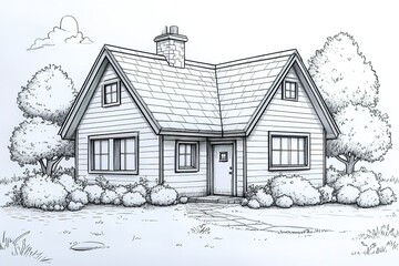 Wall Mural - Illustration of a charming cottage-style house with a neat lawn bushes and trees showcasing a peaceful suburban home