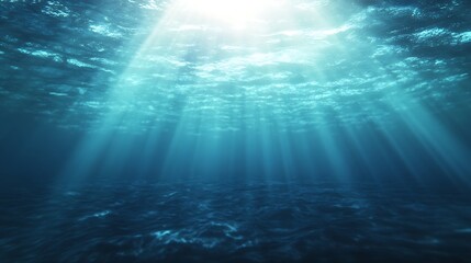 Poster - The image showcases an underwater scene illuminated by sunlight, creating a serene and tranquil atmosphere with rays penetrating the water's surface.