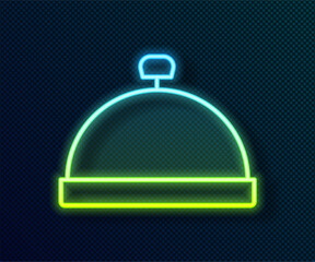 Wall Mural - Glowing neon line Covered with a tray of food icon isolated on black background. Tray and lid sign. Restaurant cloche with lid. Vector