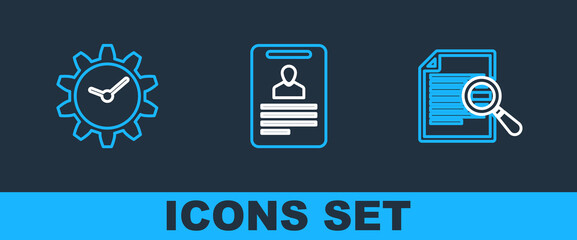 Poster - Set line Document with search, Time Management and Identification badge icon. Vector
