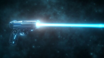Aufkleber - A futuristic handgun emits a bright blue laser beam against a cosmic background, suggesting a sci-fi theme.