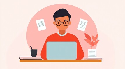 Poster - Young man working on laptop in modern workspace surrounded by papers and plant