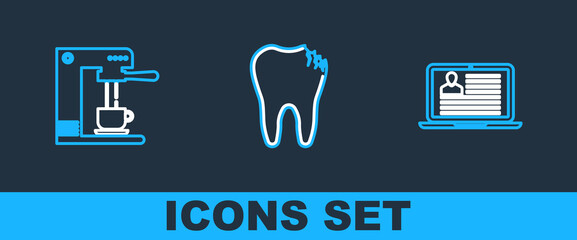 Poster - Set line Laptop with resume, Coffee machine and cup and Broken tooth icon. Vector