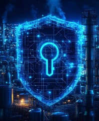 Poster - Digital Security Concept with Shield and Keyhole Over Industrial Background