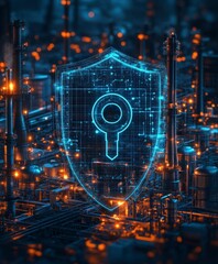 Poster - Digital Security Concept with Shield and Key Symbol Over Industrial Background