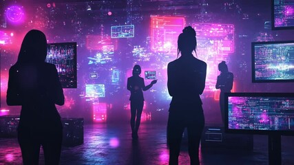 Poster - silhouetted businesspeople are analyzing data displayed on multiple screens in a futuristic, immersi