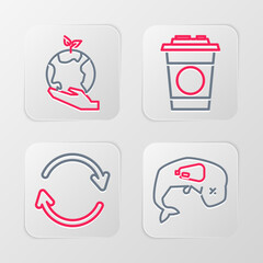 Poster - Set line Environment protection whale dead, Refresh, Paper glass and Hand holding Earth globe icon. Vector