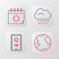 Poster - set line earth globe, weather forecast, cloud with rain and calendar and sun icon. vector