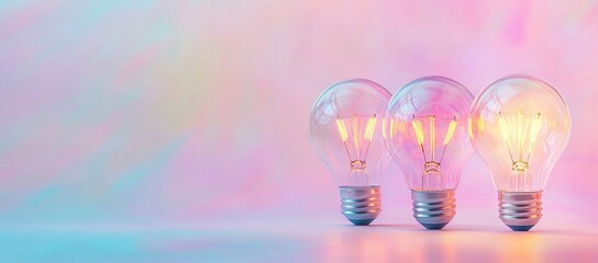 Poster - Illuminating Ideas: Three Glowing Light Bulbs Symbolize Creativity, Innovation, and Solutions Brightly on Pastel Background