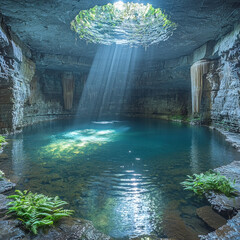 Wall Mural - Sunlit Cave Pool with Plants