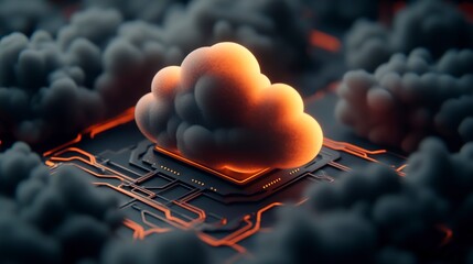 Fototapete - Abstract Digital Cloud Concept with Bright Elements on a Circuit Background
