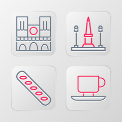 Poster - Set line Coffee cup, French baguette bread, Place De La Concorde and Notre Dame icon. Vector