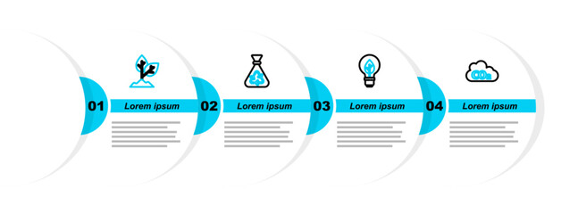 Poster - Set line CO2 emissions in cloud, Light bulb with leaf, Garbage bag recycle and Plant icon. Vector