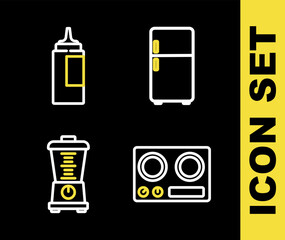 Poster - set line refrigerator, gas stove, blender and sauce bottle icon. vector