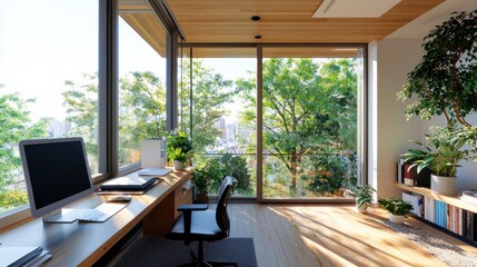Poster - Creating a serene workspace modern office interior design nature views bright environment minimalist concept