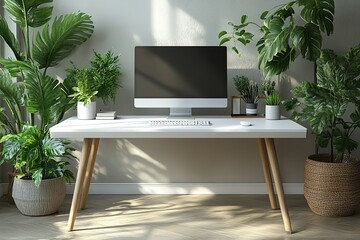 Poster - A well-lit workspace featuring a computer surrounded by lush green plants creating a calming and productive atmosphere