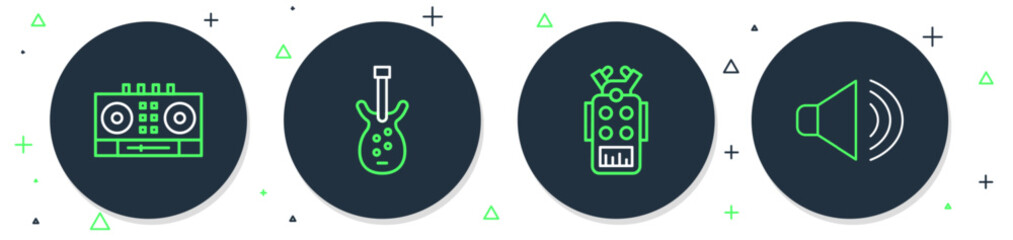 Poster - Set line Electric bass guitar, Microphone, DJ remote and mixing music and Speaker volume icon. Vector