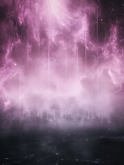 Poster - A surreal landscape featuring a misty, ethereal atmosphere with pink hues and light beams piercing through clouds, creating a dreamlike effect.