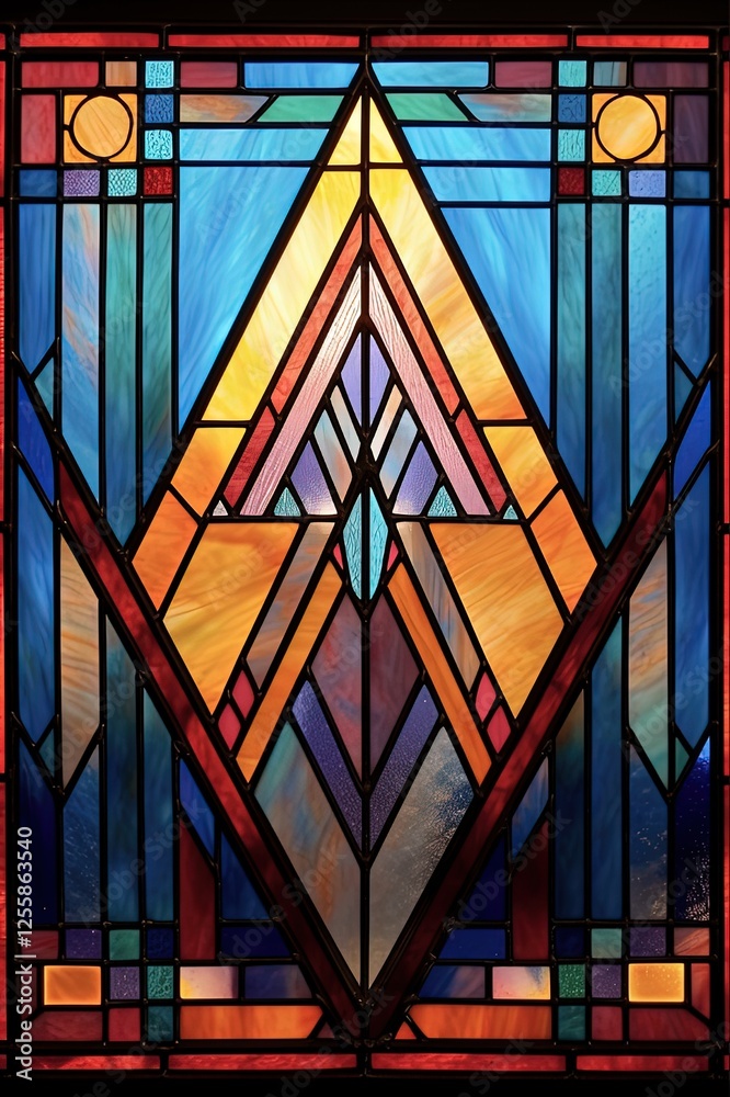 Stained Triangular Window Identical Antique Art Deco Stained Glass Window Panel in Abandoned Hotel with ...