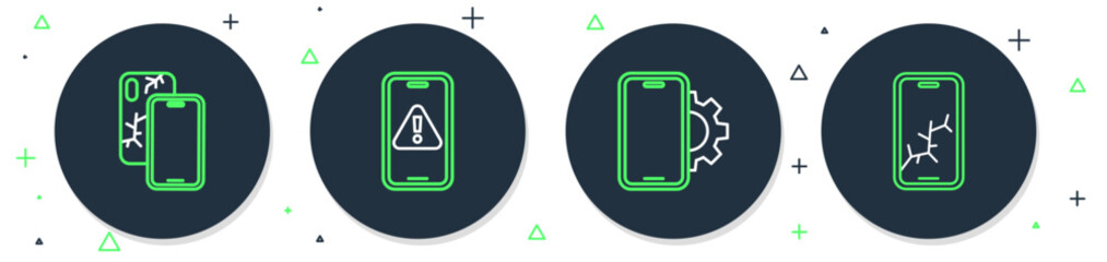 Poster - Set line Mobile with exclamation mark, Phone repair service, broken screen and icon. Vector