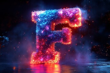 Wall Mural - Glowing letter 'F' formed from particles radiating with red and blue hues against a dark misty background A cosmic and luminous design