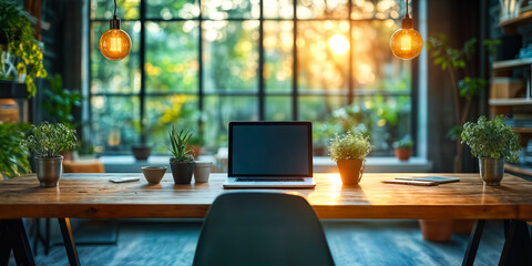 Poster - modern remote work desk with laptop and greenery in sunlit workspace for efficient collaboration