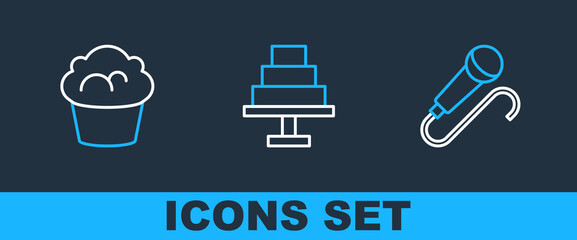 Poster - set line microphone, muffin and cake icon. vector