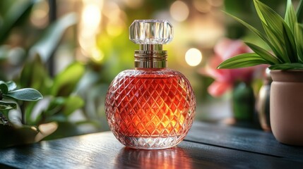 Wall Mural - Amber perfume bottle, garden bokeh, sunset, fragrance ad