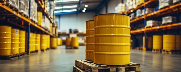 Poster - Warehouse Storage: Yellow Barrels on Pallets Efficiently Stacked in Rows, Industrial Inventory Management System