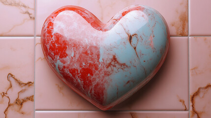 Wall Mural - Heart-shaped marble object resting on smooth pink tiles in a serene setting. Generative AI