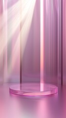 Poster - Soft pink light cascades around a circular stage platform, reflecting a dreamy ambiance. The contemporary design and gentle tones create an inviting space for a variety of creative events