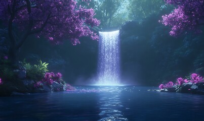 Poster - A serene waterfall surrounded by vibrant purple flowers and lush greenery, creating a peaceful, mystical atmosphere.