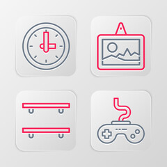 Poster - set line gamepad, empty wooden shelves, picture and clock icon. vector