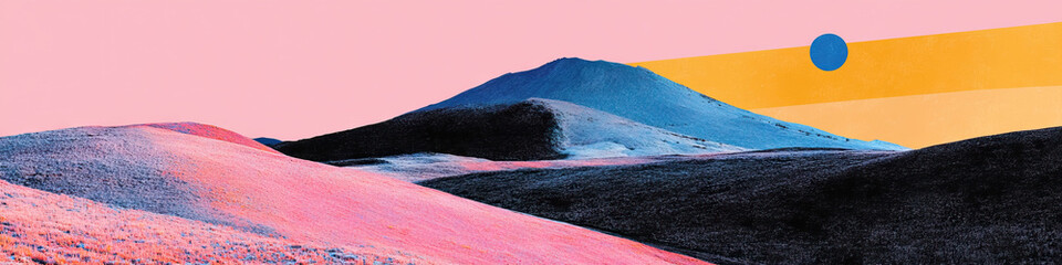 Poster - Abstract Landscape Collage with Pink, Blue, and Yellow Tones