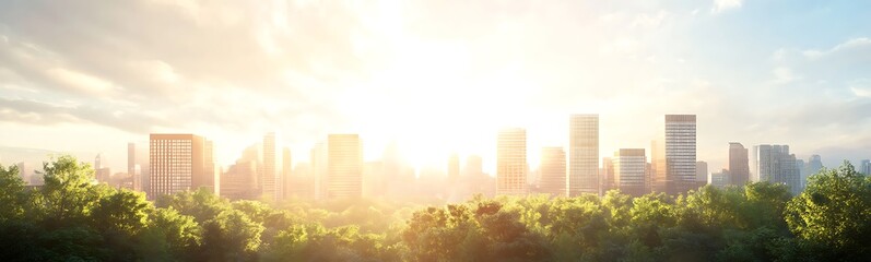 Poster - A vibrant city skyline emerges from lush greenery under a radiant sunrise, blending urban and natural elements in a breathtaking landscape.
