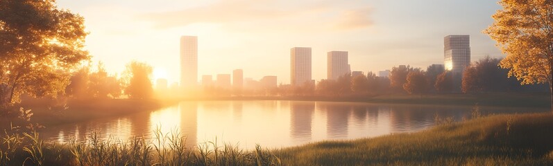 Aufkleber - A tranquil sunrise over a city skyline reflected in a calm lake, surrounded by lush greenery and warm light.